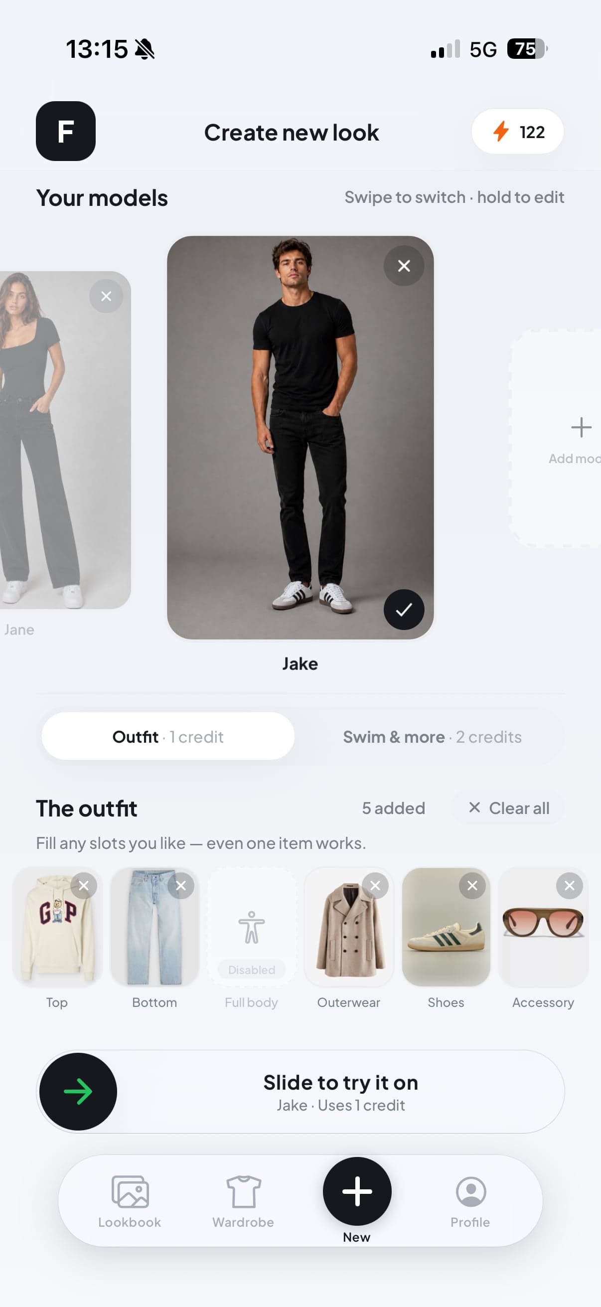 Building an outfit from a top, bottom, outerwear, shoes and an accessory