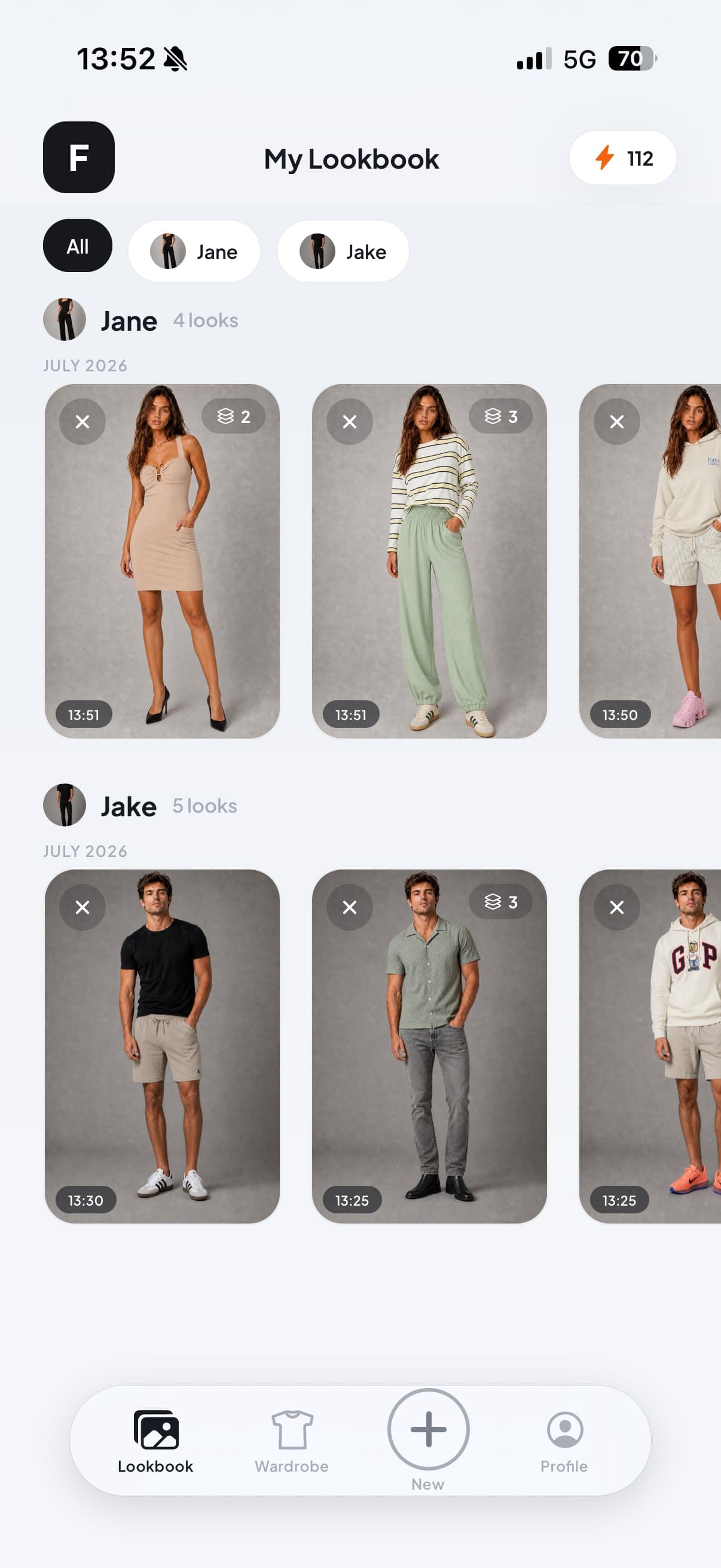 Lookbook of saved try-ons grouped by model