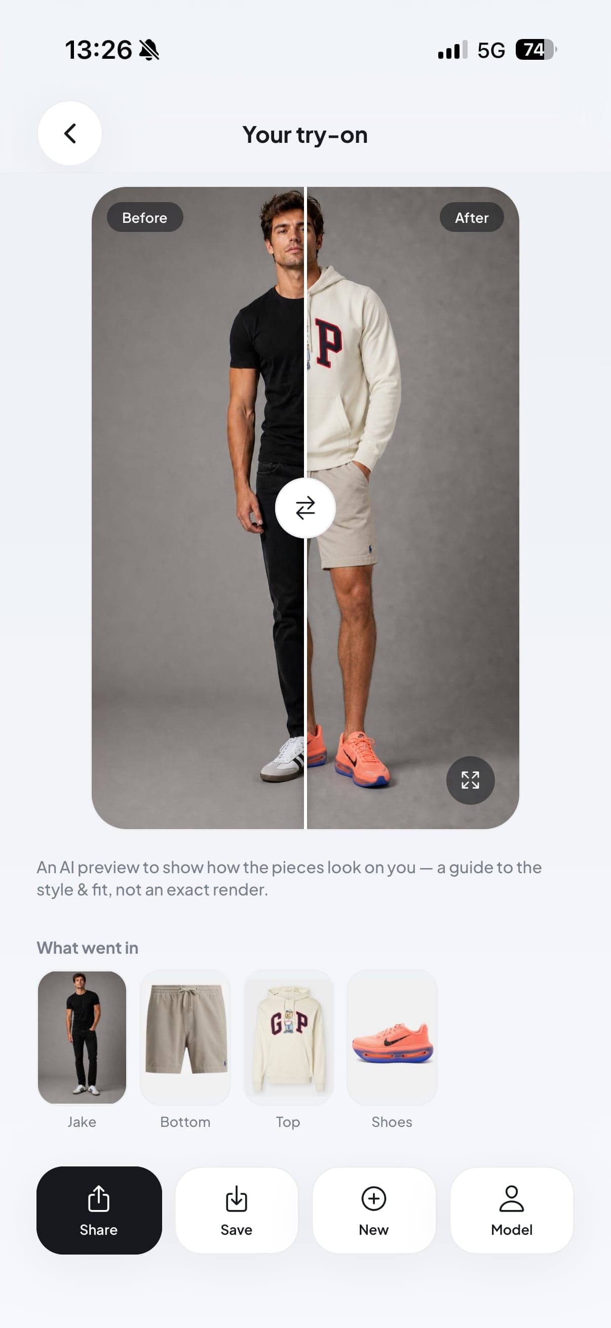 Before and after AI try-on of a casual hoodie, shorts and running shoes