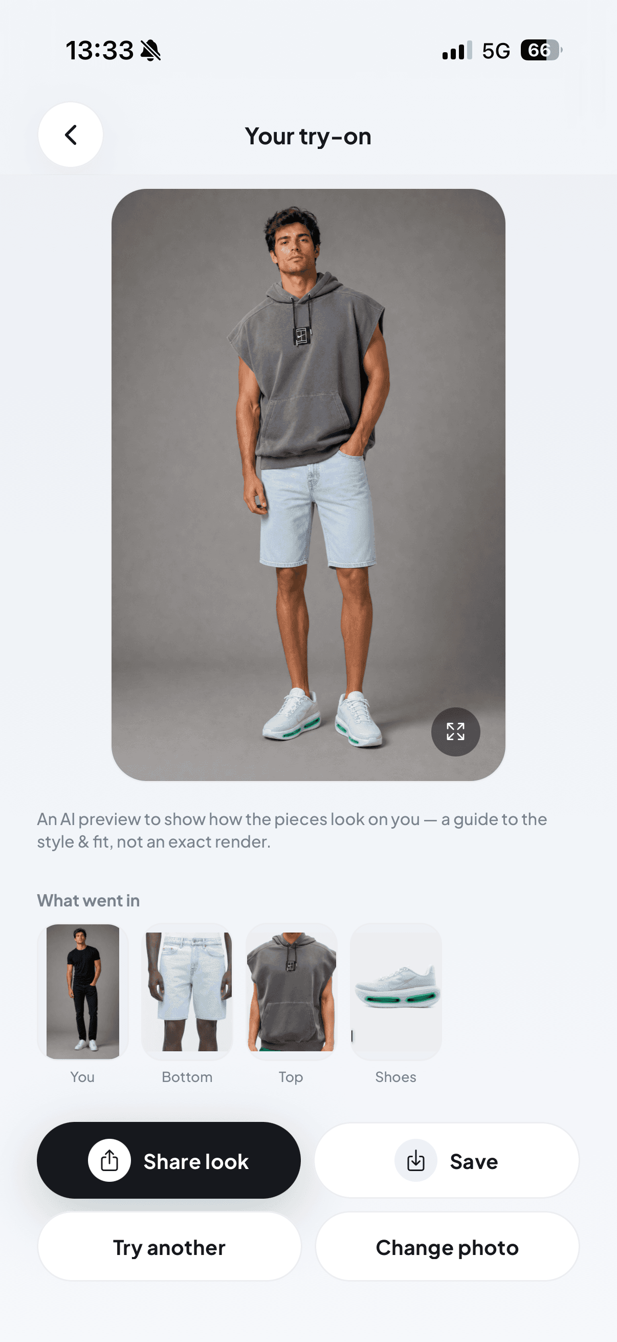 AI try-on of a casual hoodie and shorts look