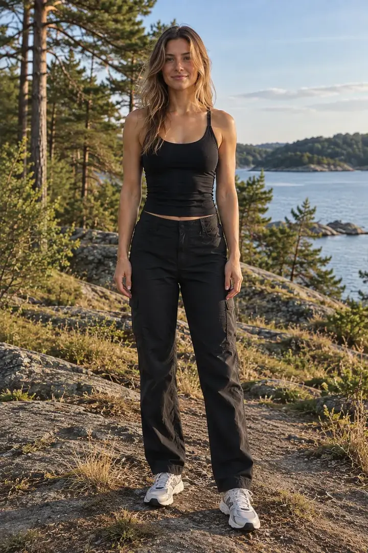 Before: woman in a black tank top, black cargo trousers and white sneakers on a rocky seaside hill